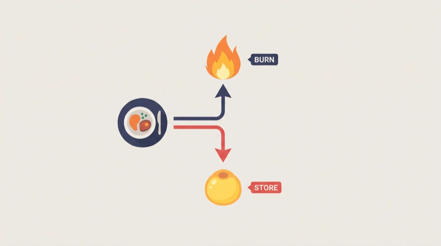 Diagram of a plate of food splitting into two paths, one to a bright flame labeled BURN and one to a fat cell labeled STORE with STORE path lit red