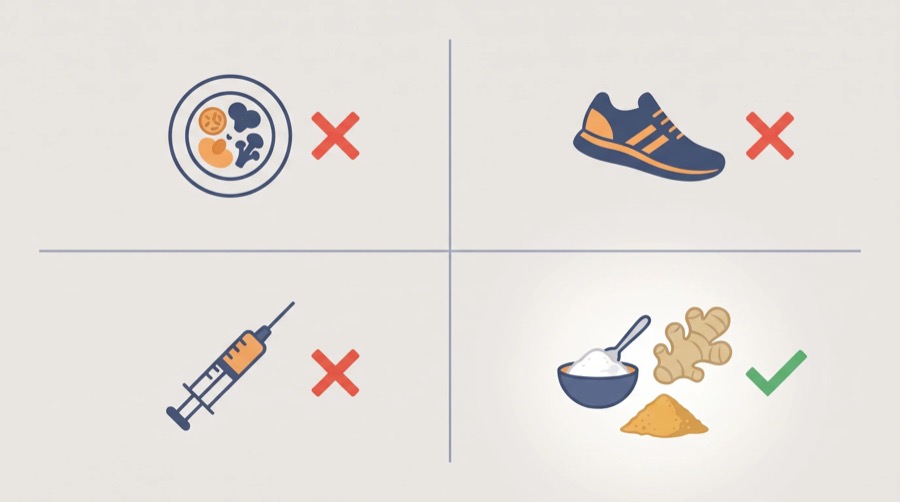 Quadrant graphic with three squares crossed out - diet plate, running shoe, syringe - and the fourth highlighted with baking soda, ginger and berberine
