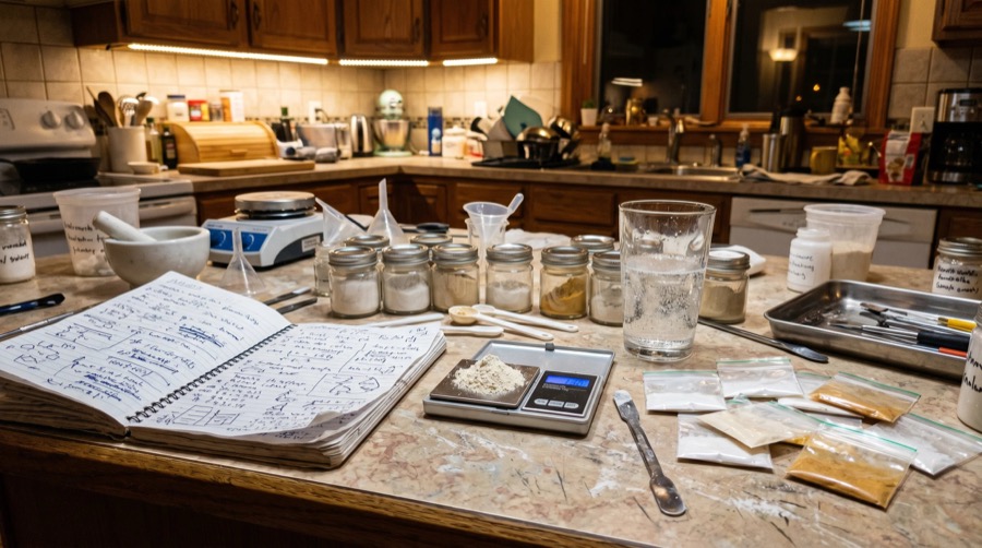 Dana kitchen counter turned into a makeshift lab with small jars of powder, a digital scale, a notebook of scribbled ratios and dozens of little baggies