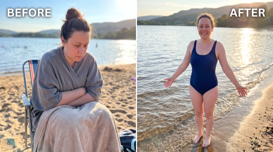 Before and after of Rachel at the lake, before hunched in a cover-up watching from the sidelines and after in a swimsuit laughing with her kids in the water