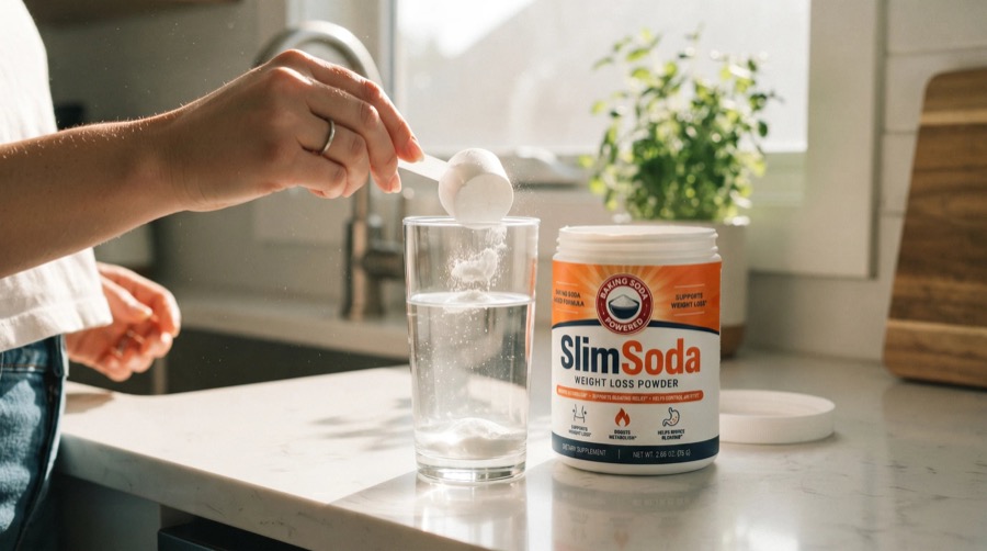 A hand scooping SlimSoda powder into a glass of water on a sunny morning kitchen counter